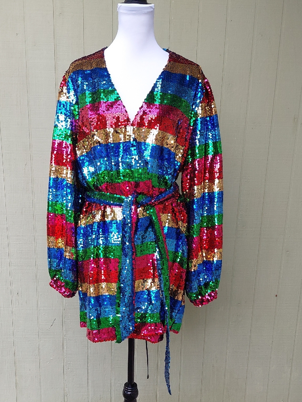 NWT Buddy Love Adeline Rainbow Stripe Sequin Mini Wrap Dress Sz XL - Picture 5 of 16